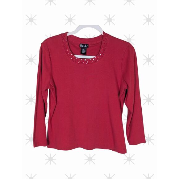 Rafaella Red Embellished Round Neck Cotton Stretch Top Sz Lg - Picture 1 of 7